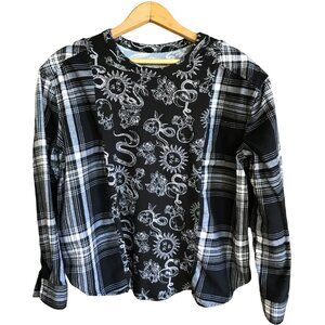 Reworked Flannel Sweatshirt, Upcycled Oversized Celestial Sun Moon Serpent S - M